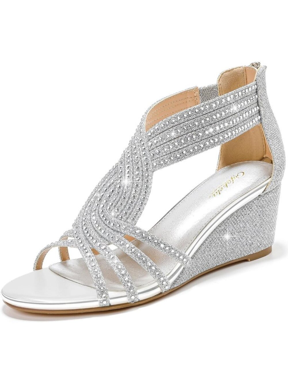 Women's Silver Sparkly Rhinestone Wedge Sandal Dressy Wedding Party Zipper Shoes